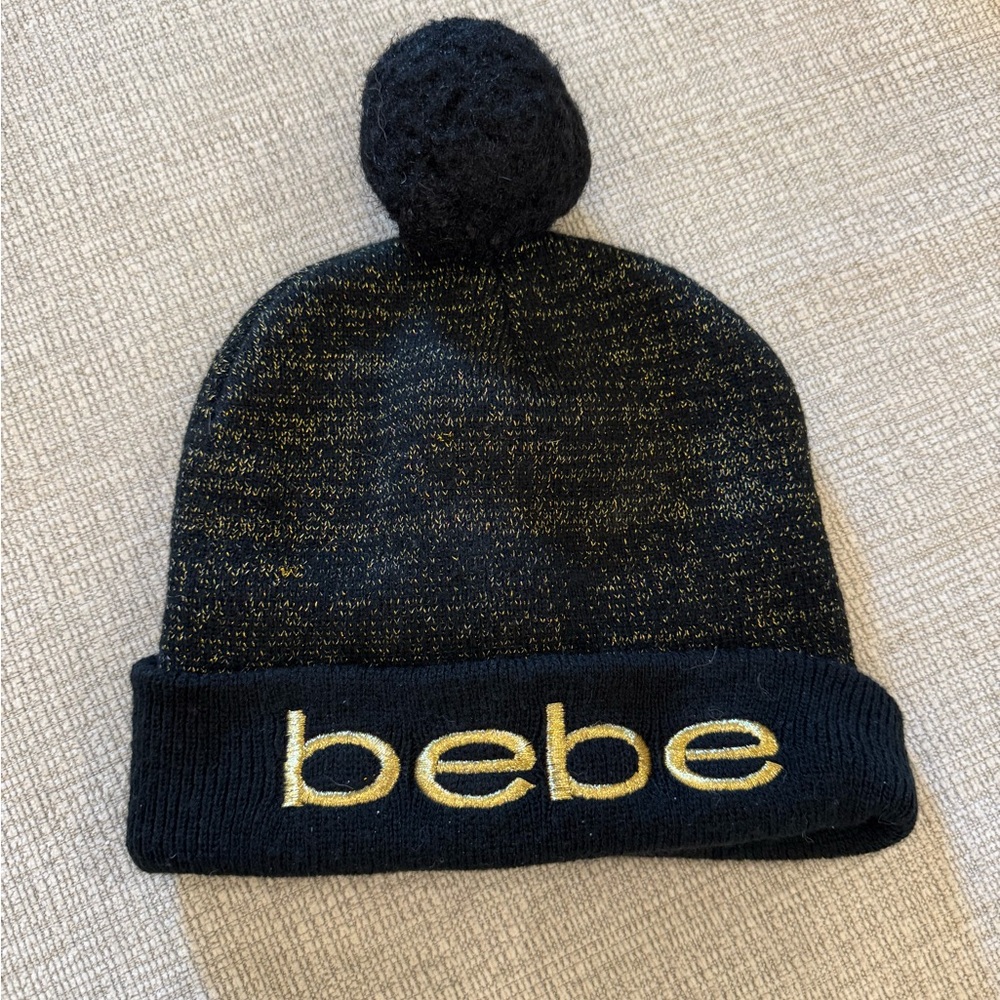 Bebe Black and Gold Knit Beanie with Pom-Pom